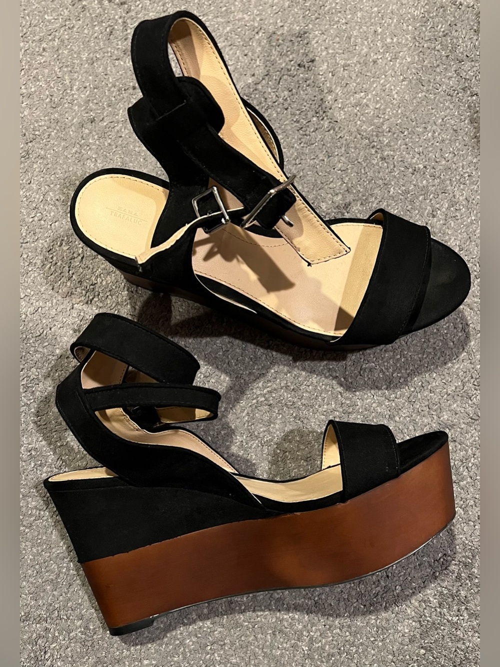 ZARA TRAFALUC WOMEN WEDGE SANDAL BLACK BROWN SIZE 40 DOUBLE STRAPS FAUX SUEDE
